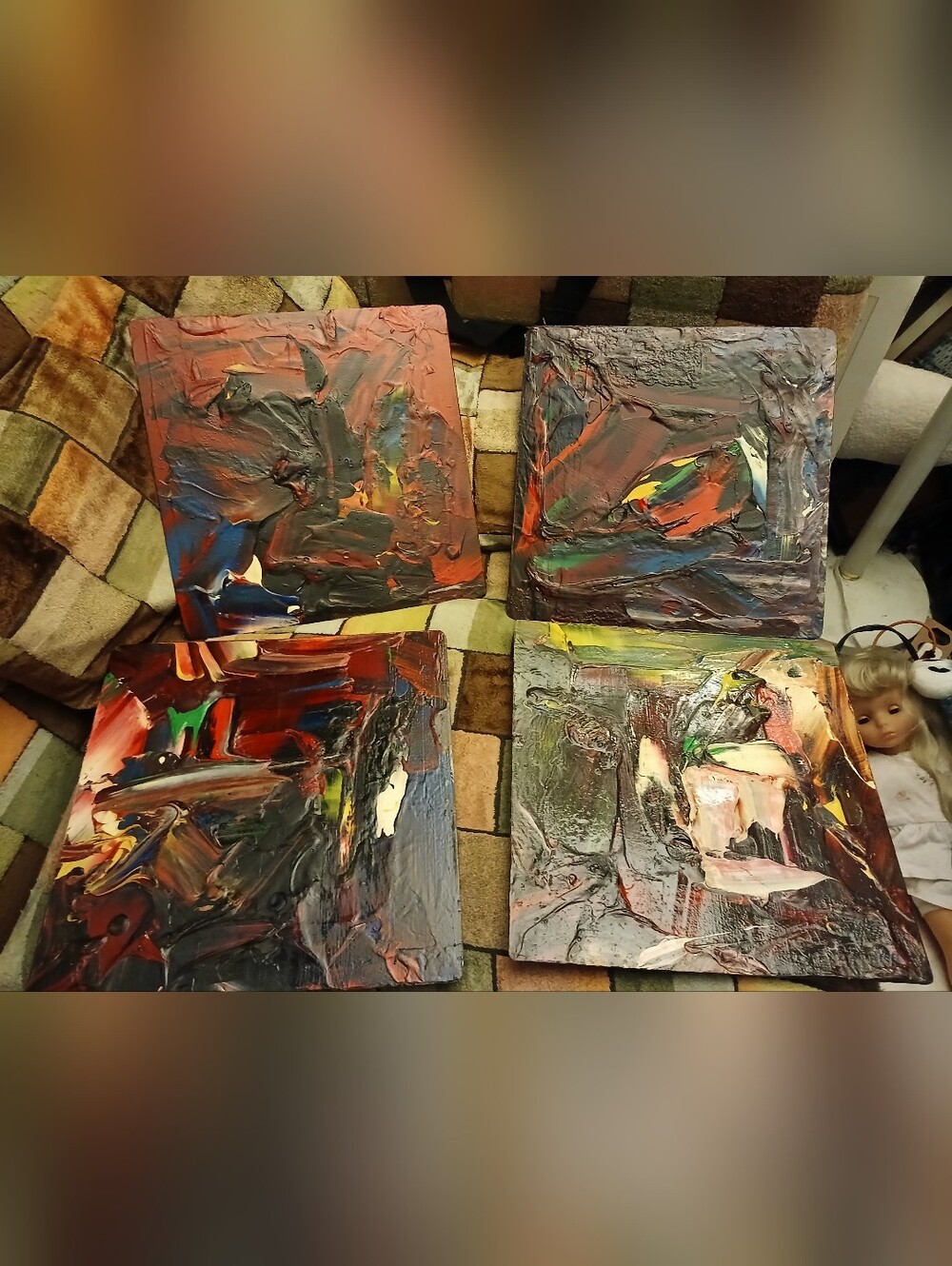 Abstract Textured Home Art Set in Red, Green, Metal Frames